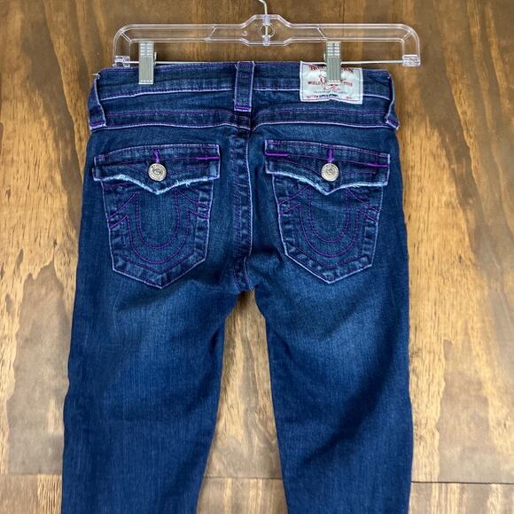 True Religion Womens Jeans Blue Denim Purple Stitching Distress Capri Stretch 26 - Picture 10 of 11